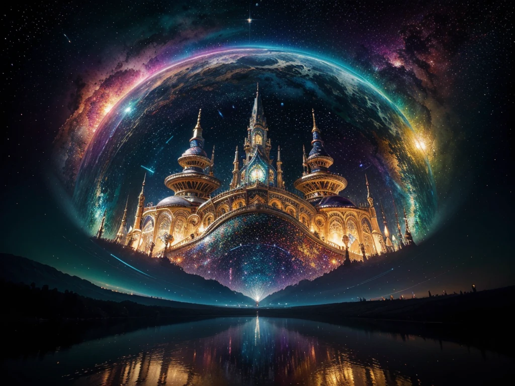 I see a shimmering, whimsical interstellar ark in an acrylic painting, where every corner sparkles with an otherworldly sheen. The main subject is a bold, multi-colored spaceship crafted from glass-like materials, adorned with intricate metallic accents. This image is a masterfully crafted painting, rich in vibrant hues and intricate details that pop off the canvas. The scene is set against a backdrop of swirling galaxies and twinkling stars, creating a mesmerizing and fantastical atmosphere. Overall, this piece is a feast for the eyes, showcasing the artist's skill and imagination in vivid, dazzling glory.