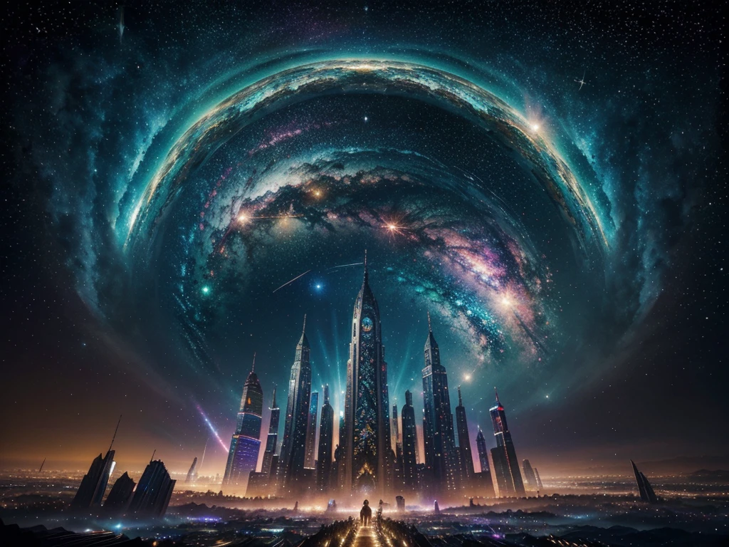 I see a shimmering, whimsical interstellar ark in an acrylic painting, where every corner sparkles with an otherworldly sheen. The main subject is a bold, multi-colored spaceship crafted from glass-like materials, adorned with intricate metallic accents. This image is a masterfully crafted painting, rich in vibrant hues and intricate details that pop off the canvas. The scene is set against a backdrop of swirling galaxies and twinkling stars, creating a mesmerizing and fantastical atmosphere. Overall, this piece is a feast for the eyes, showcasing the artist's skill and imagination in vivid, dazzling glory.