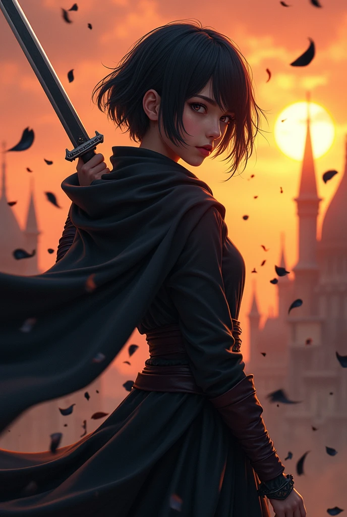 1 warrior girl, expressive black eyes, black short hair, dressed with a black drape, using his massive two hand sword ,fighting pose ,black petals fall from the sky in big medieval city in sunset in background, detail richness, masterpiece, best quality
