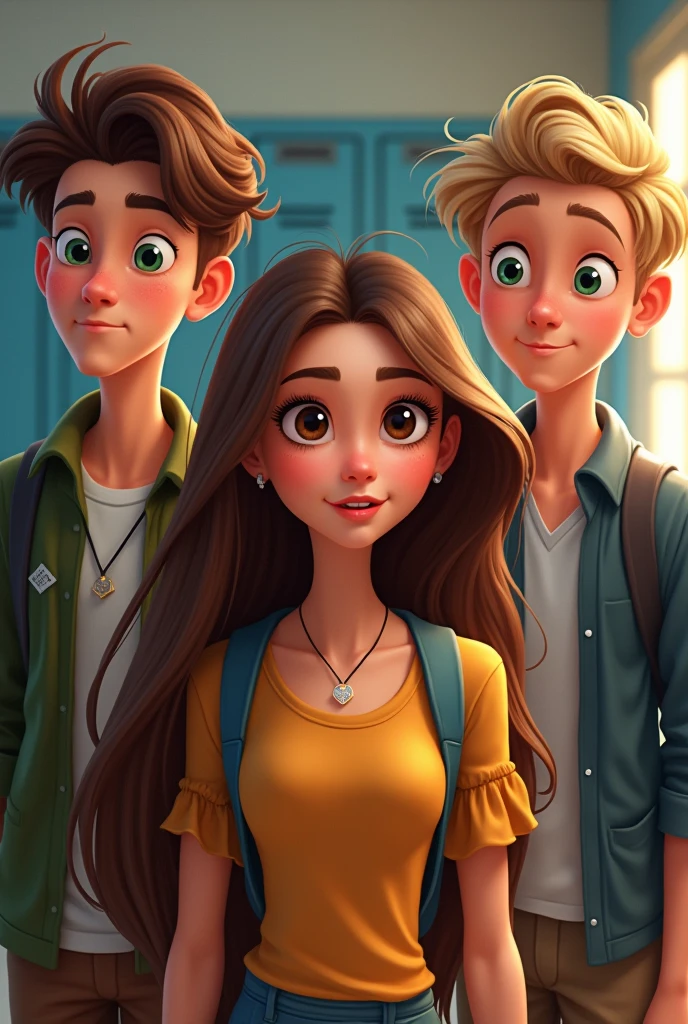 Create an image of a teenage girl with brown hair and brown eyes at school and a bad boy with brown hair and blue eyes on the right and another boy on the left with blond hair and green eyes at school Disney style