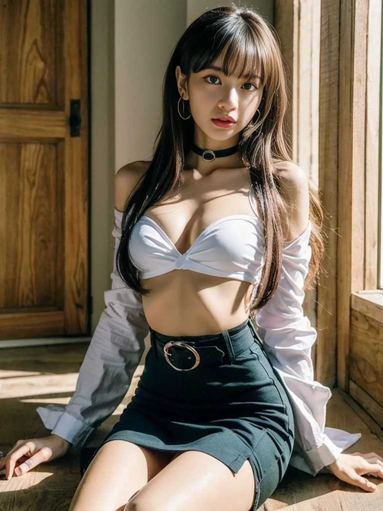 Lisa long hair, Lisa face shape, black suspender undershirt (long sleeves, bare shoulders, open waist), white miniskirt, belt at waist, light green high boots, sexy, open waist, long legs, rich details, masterpiece, superlative, realistic, HD, photographic lighting, 16k, sexiness:1.4, nudity:0.8
