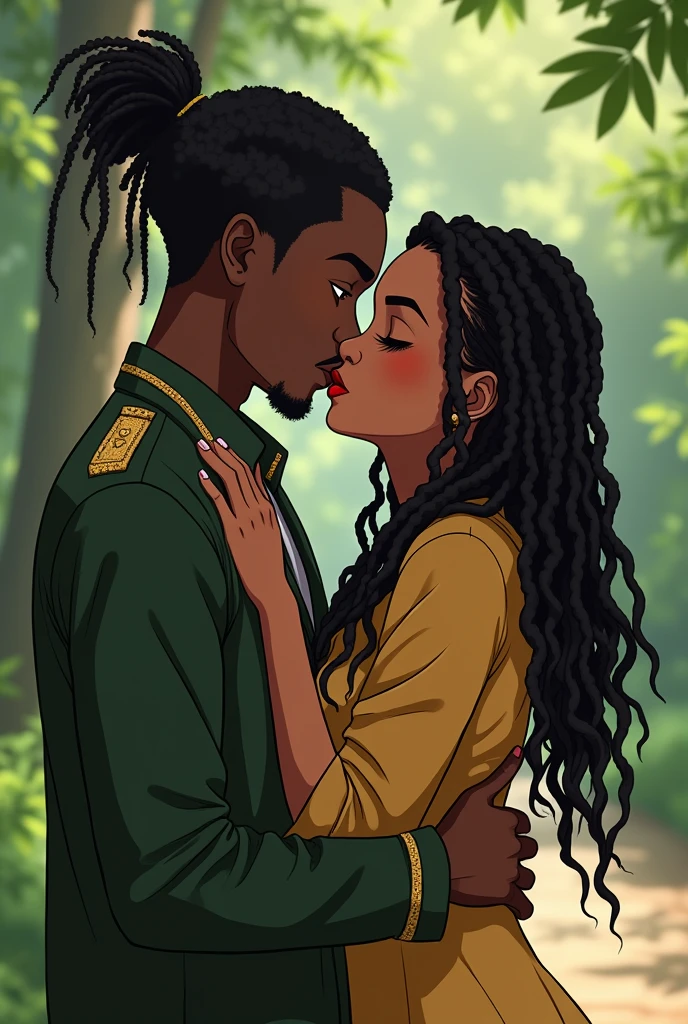 "Produce an anime-style image that celebrates love between black couples. The girl, skin black, skin black skin black, skin black, with black leather and fine African braids,long African braids, long African braids, long African braids, has charming green eyes. Your partner, dark-skinned, skin black, skin black, skin black e cabelos Dreadlocks curtos, shorts dreadlocks, has expressive white eyes. Both wear loose coats with gold details., adding a touch of sophistication. Set in a garden, the scene depicts passionate kisses between them. Convey the intensity of eternal love between these black lovers, highlighting their unique characteristics and the romantic connection they share." Eyes closed