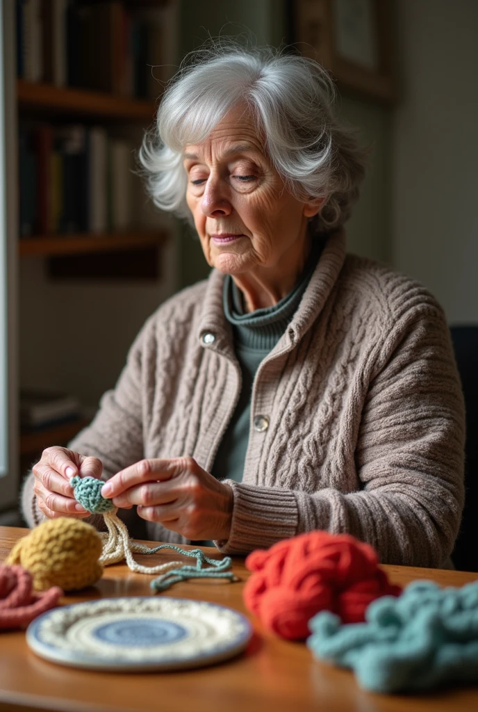 Image of a 48-year-old woman crocheting