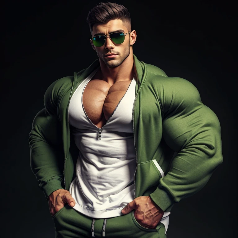 gay, muscle, bodybuilder, a very handsome young man, sunglasses, wearing a green sweatshirt with an open zipper to reveal a white shirt, exaggeratedly muscular, exaggerated muscles, with his hands in his pockets, on a black background, seen from the side in a cinematic angle