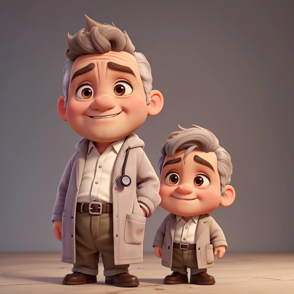 serious old little doctor, a little overweight, little fat, remake to disney persona, no beard, big ears, brown eyebrown, grey hair, white coat, stethoscope, grin, grey hair, hair little to side, low eyebrown, low eyes, 85 kg, little eyebrown, ears touh in head, half-closed eyes, UHD, best quality, mid fade, high crease, big brow