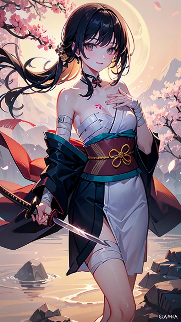 (((((roll up bandage sideways on a  chest tightly to cover the chest without gaps))))),  (((bandage samweways))),, ((Japanese Gangster BOSS)), adult woman with the dignified presence, Killing Qi, wear nothing around shoulder, wear nothing around neck, wear the kimono, wear it below the waist, (I wind it up to control it, and to attach it),  ((kimono come off)) ,wear the kimono multiple times, Bare shoulders and the clavicle, black and gold kimono, put on over jacket of kimono, (holding a japanese sword which shine in purple, The handle of the sword is black, and the blade is gray, long sword), eye fire, low angle, whole body, anime character, Glaring, off sholder, nappropriate smile, Excellent, black blue hair, can see both shoulder, ((long kimono hem)), small face, ((some cherry blossam big tattoo on the arm)), ((background Japanese gate with circlr mark)),muscular,drink sake,fullmoon in the sky, The kimono is spreading,(((ultra-detailed))),super beautiful,Masterpiece,Killing Qi,Intimidation,zoom up, a person,Selfish person,in japanese veranda