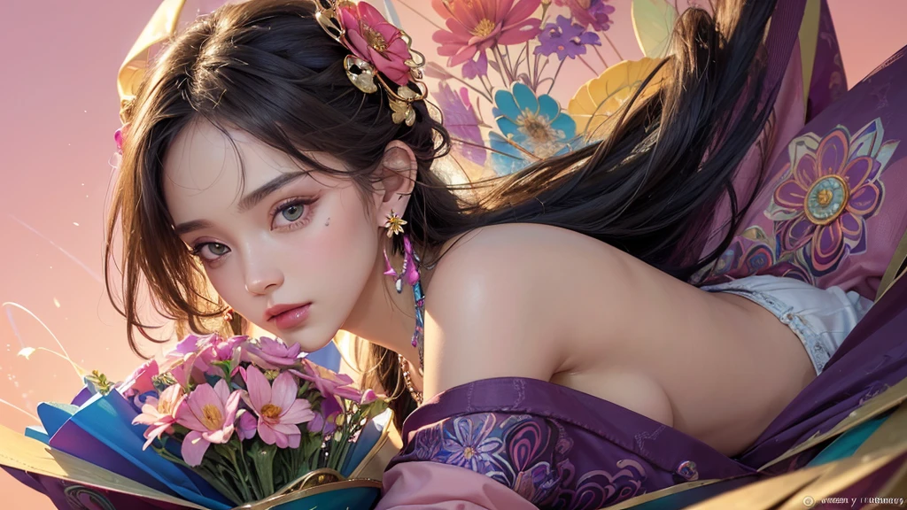 32K, 最高quality, 最高masterpiece, (ultra-Detailed Background, Detailed Background), High resolution, Super detailed, Very detailedな, One girl, (bouquet:1.3), (Tangled:1.2), (Geometric:1.2),(colorful),(masterpiece, quality, best quality, Official Art, Beautiful and beautiful:1.2), (1 girl:1.3), Very detailed,(colorful:1.1)(Flowers:1.3),Most detailed,(Tangled:1.2), whole body, (Abstract background:1.3), (Skin glows), (Many colors:1.4), ,(Earrings Jewelry:1.5), Pink Background,