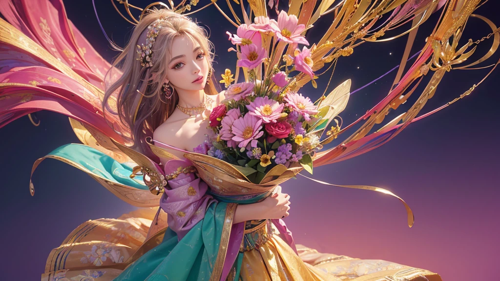 32K, 最高quality, 最高masterpiece, (ultra-Detailed Background, Detailed Background), High resolution, Super detailed, Very detailedな, One girl, (bouquet:1.3), (Tangled:1.2), (Geometric:1.2),(colorful),(masterpiece, quality, best quality, Official Art, Beautiful and beautiful:1.2), (1 girl:1.3), Very detailed,(colorful:1.1)(Flowers:1.3),Most detailed,(Tangled:1.2), whole body, (Abstract background:1.3), (Skin glows), (Many colors:1.4), ,(Earrings Jewelry:1.5), Pink Background,