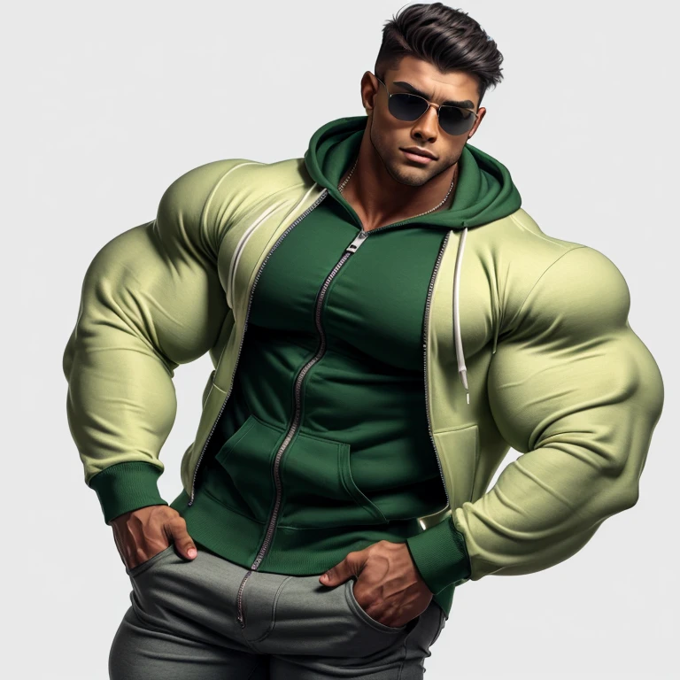 gay, muscle, bodybuilder, a very handsome young man, sunglasses, wearing a green sweatshirt with an open zipper to reveal a white shirt, exaggeratedly muscular, exaggerated muscles, with his hands in his pockets, on a black background