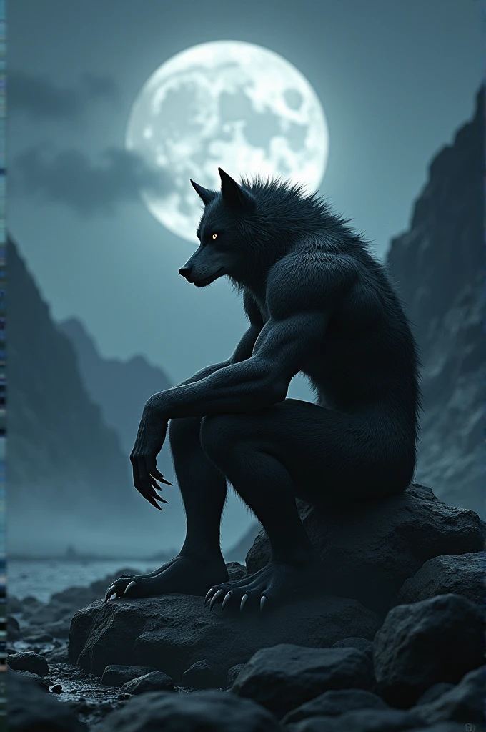 Wolf anthropomorph sits on a rock at night and is sad pumped up cool