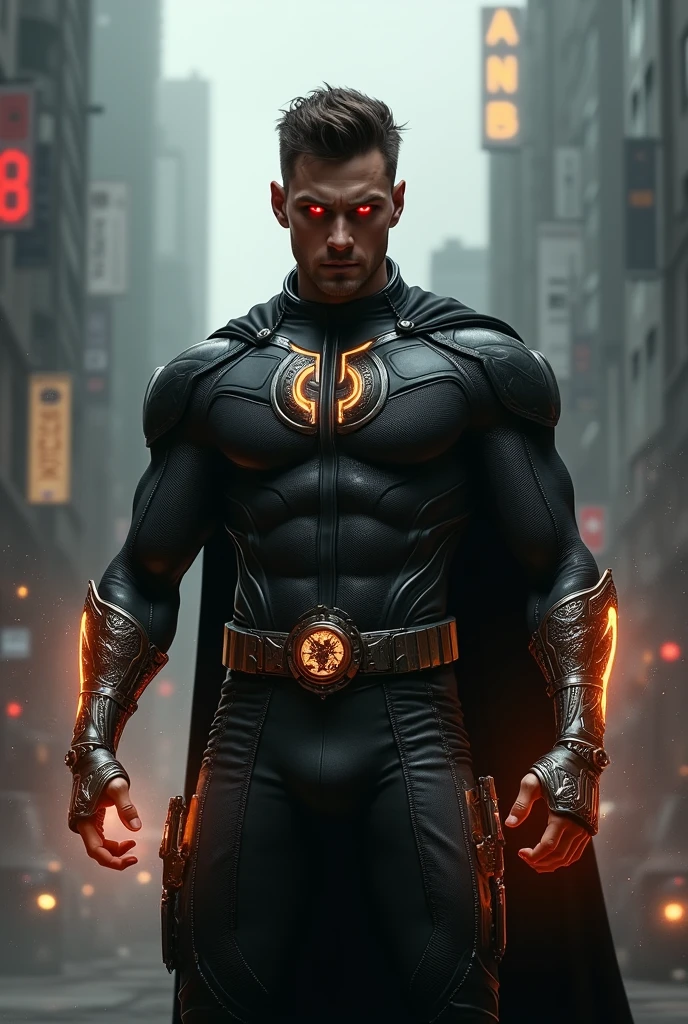 Create a male superhero, with magical bracelets capable of creating firearms, with black and gray details and red eyes.
