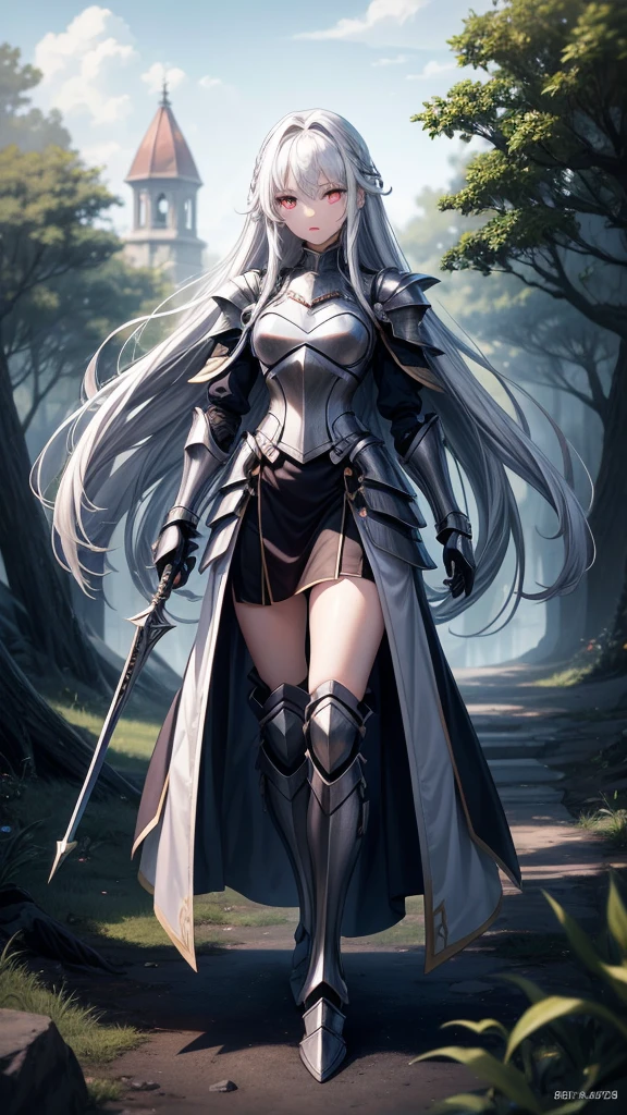アニメ, 15 year old girl, {face perfect}, {long white hair}, {[dark red eyes]}, {asymmetrical eyes}, {perfect nose}, {visible lips}, {full body 5.0}, {silver armor 1.6 complete}, {at a forest}

{8k image}, {128k ultra resolution}, {ultra quality 128k}, {128k high quality sharpness}
