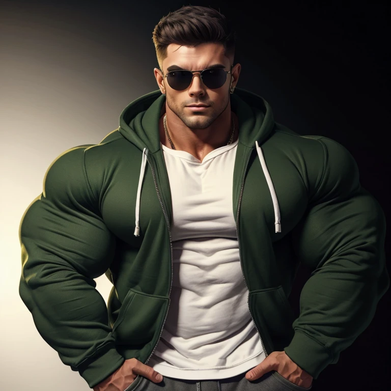 gay, muscle, bodybuilder, a very handsome young man, sunglasses, wearing a green sweatshirt with an open zipper to reveal a white shirt, exaggeratedly muscular, exaggerated muscles, with his hands in his pockets, on a black background
