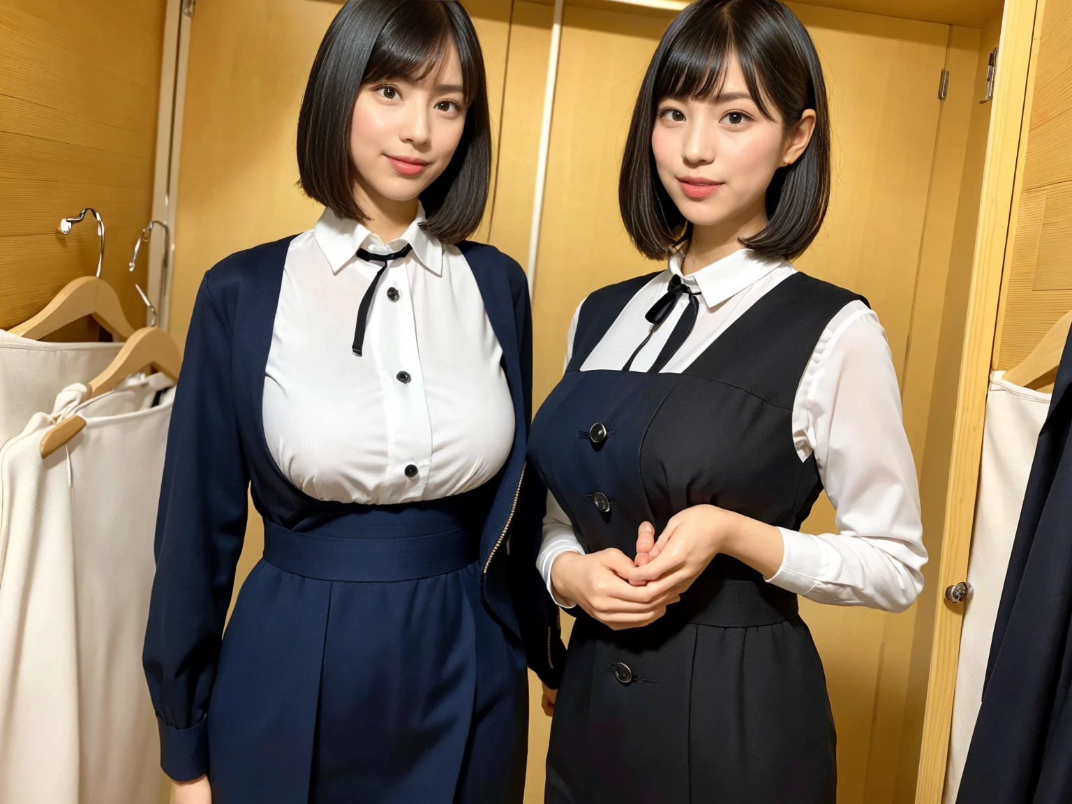 Highest quality、masterpiece、8k、Very detailed、Realistic、(One girl)、(Looking at me with a smile:1.5)、whole body、(Black Hair)、Small face、(Slender:1.2)、(Big Breasts:1.2)、(White business shirt with buttons and a collar:1.2)、(short tight skirt in gray,:1.2)、(Grey business jacket:1.2)