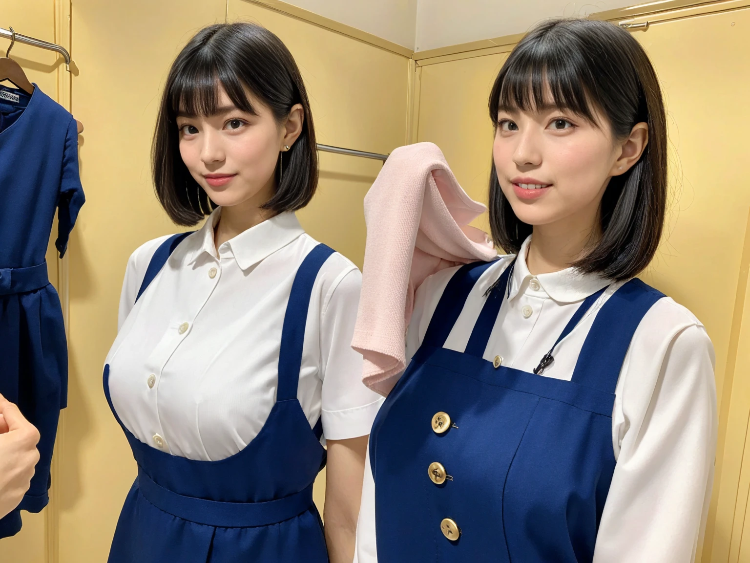 masterpiece, Highest quality, figure, Very detailed, The finer details, High resolution, 8k,wallpaper, Perfect dynamic composition,(Detailed high quality, Realistic depiction of eyes),(A tight-fitting waitress uniform with buttons on the collar and chest), Seraphim, Short Bob Hair, The background is an empty changing room, Deep in the field, Black hair color, Big Natural Color Lip, (Perfect figure), (smile)、Harajuku Style, Adorable expression、Expressions of happiness、Amazingly cute、Cute type、Beautiful feet, Idol Sculpture、(Changing clothes in the changing room:1.5)、(In the process of taking off clothes:1.5)、(Big Breasts)、(Erect nipples)