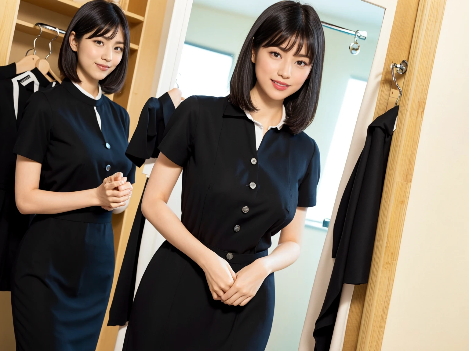 masterpiece, Highest quality, figure, Very detailed, The finer details, High resolution, 8k,wallpaper, Perfect dynamic composition,(Detailed high quality, Realistic depiction of eyes),(A tight-fitting waitress uniform with buttons on the collar and chest), Seraphim, Short Bob Hair, The background is an empty changing room, Deep in the field, Black hair color, Big Natural Color Lip, (Perfect figure), (smile)、Harajuku Style, Adorable expression、Expressions of happiness、Amazingly cute、Cute type、Beautiful feet, Idol Sculpture、(Changing clothes in the changing room:1.5)、(In the process of taking off clothes:1.5)、(Big Breasts)、(Erect nipples)