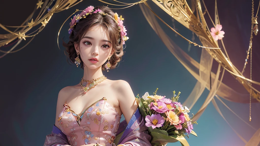 32K, 最高quality, 最高masterpiece, (ultra-Detailed Background, Detailed Background), High resolution, Super detailed, Very detailedな, One girl, (bouquet:1.3), (Tangled:1.2), (Geometric:1.2),(colorful),(masterpiece, quality, best quality, Official Art, Beautiful and beautiful:1.2), (1 girl:1.3), Very detailed,(colorful:1.1)(Flowers:1.3),Most detailed,(Tangled:1.2), whole body, (Abstract background:1.3), (Skin glows), (Many colors:1.4), ,(Earrings Jewelry:1.5), Pink Background,