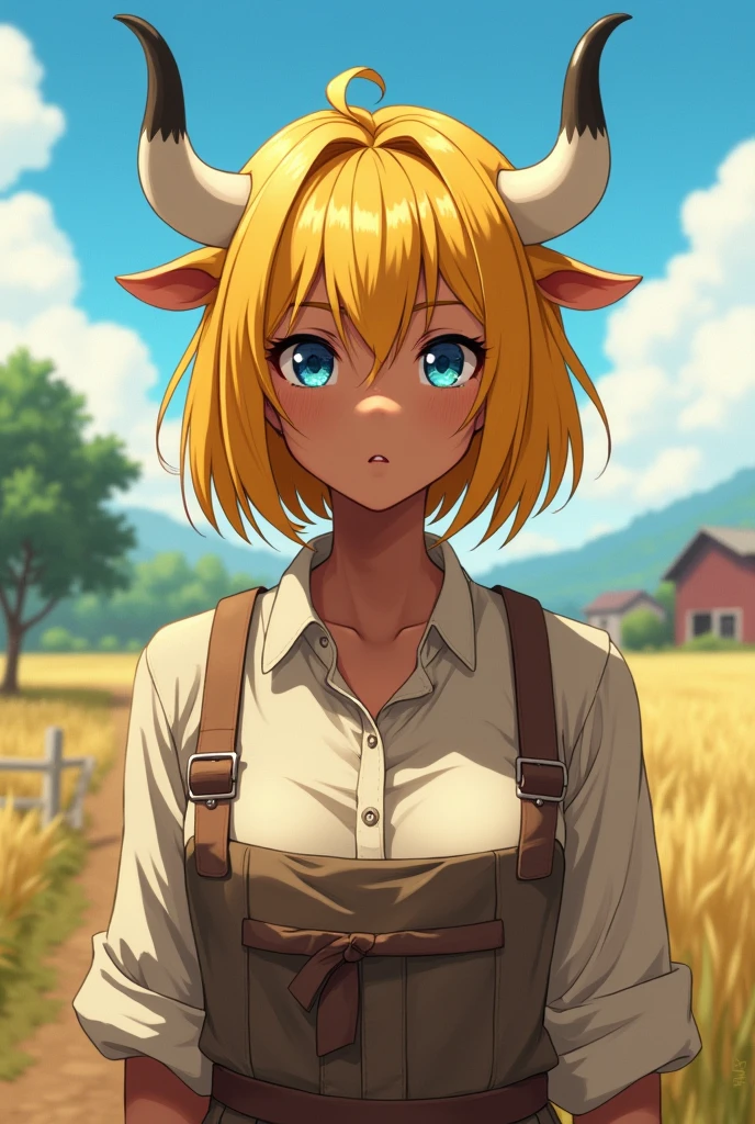 anime style girl, Dark skin, blue eyes, straight hair, Yellow hair, white bull horns, farmer clothes, Whole body, short hair, fringe, farm