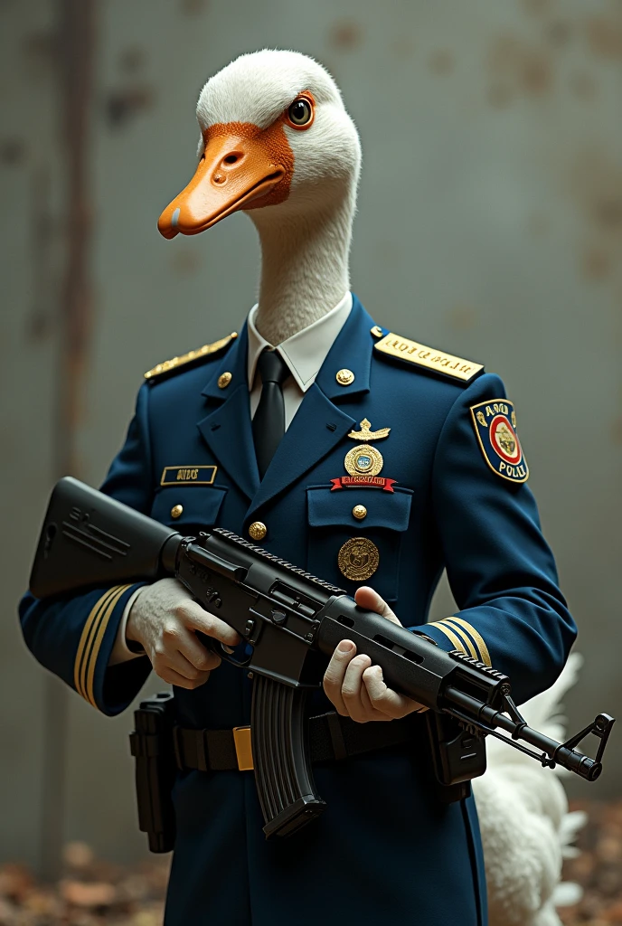 Draw a goose with an angry face, wearing the uniform of the civil police of the state of Rio de Janeiro, holding a rifle 7.62