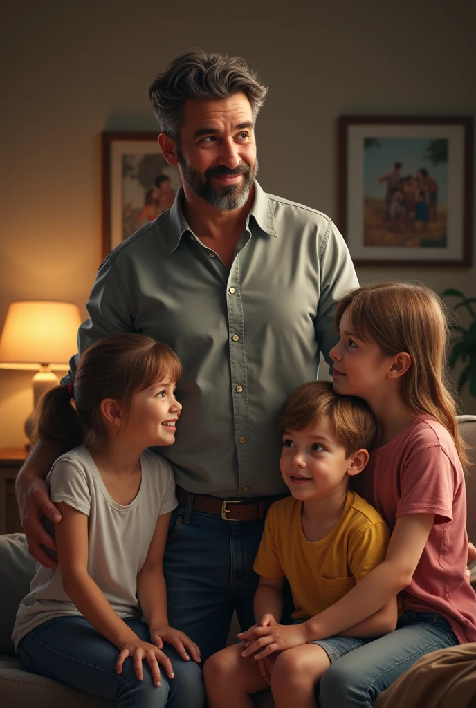 a father with his realistic sons and daughters