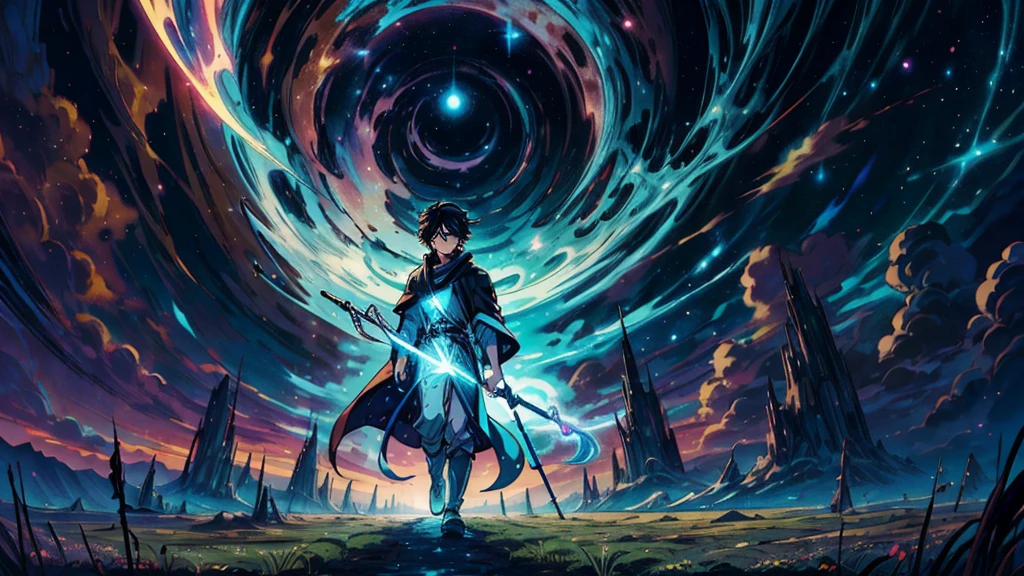 -High quality- -masterpiece- -Anime style- a man with black hair, light blue eyes, handsome, slim, dressed in a brown wizard's robe, holding a long staff, walking across a meadow with a nice sunrise, serious expression
