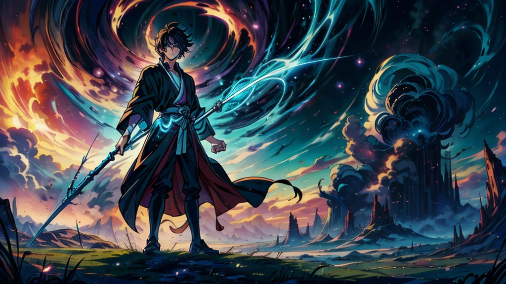 -High quality- -masterpiece- -Anime style- a man with black hair, light blue eyes, handsome, slim, dressed in a brown wizard's robe, holding a long staff, walking across a meadow with a nice sunrise, serious expression