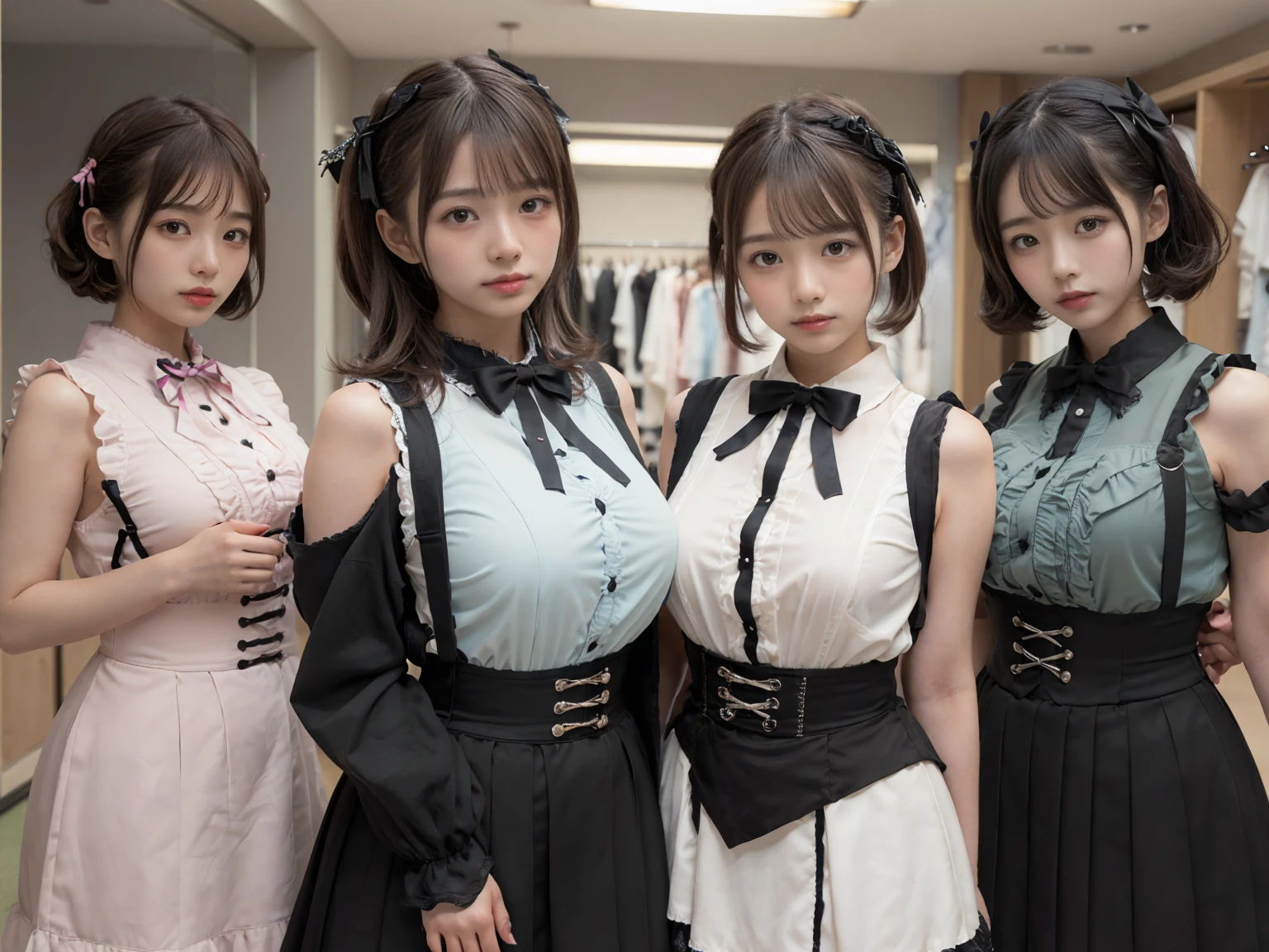 masterpiece, Highest quality, figure, Very detailed, The finer details, High resolution, 8k,wallpaper, Perfect dynamic composition,(Detailed high quality, Realistic depiction of eyes:1.3), (Three Girls),(Gothic Lolita fashion with tight buttons on the collar and chest), Seraphim, Short Bob Hair, (The background is an empty changing room:1.3), Deep in the field, Black hair color, Big Natural Color Lip, (Perfect figure), (smile)、Harajuku Style、(Elementary school girl in Japan:1.3), Adorable expression、Expressions of happiness、10 years old、height: 145cm、Baby Face、Amazingly cute、Cute type、Beautiful feet, Idol Sculpture、Big Breasts、whole body、Erect nipples