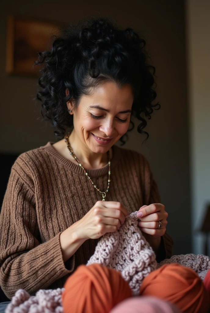 Image of a 48-year-old woman crocheting, old woman with black hair with few curls 