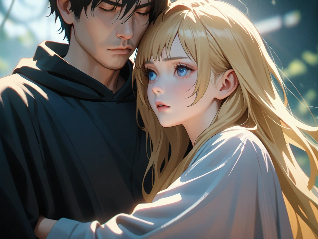 High Details, High Quality, High Resolution, 

{{camera focus}} {{Artist: Sincos}} 
a close up of two character boy hugging a girl from behind, visual of elegant, girl long blonde hair long mage robe , boy, blonde hair meadieval armor, blue eye boy, dramatic , dreamy psychedelics, today's featured realistic still, ethereal realistic, 