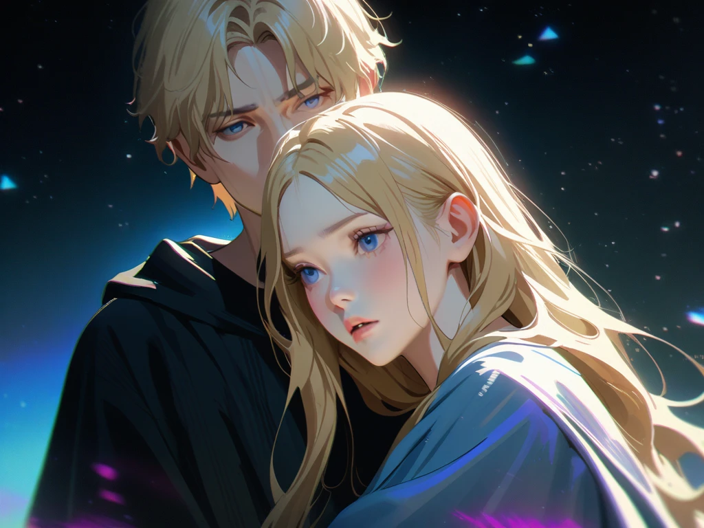 High Details, High Quality, High Resolution, 

{{camera focus}} {{Artist: Sincos}} 
a close up of two character boy hugging a girl from behind, visual of elegant, girl long blonde hair long mage robe , boy, blonde hair meadieval armor, blue eye boy, dramatic , dreamy psychedelics, today's featured realistic still, ethereal realistic, 