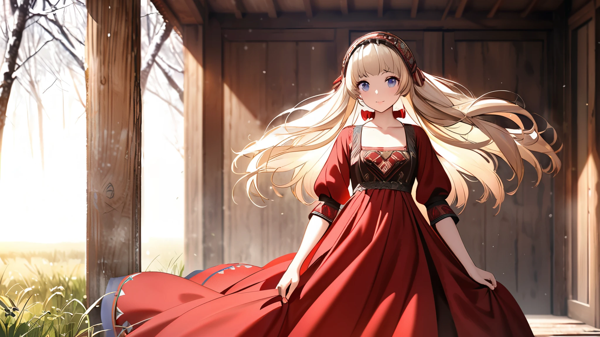 [Core Concept] A young woman in traditional Russian attire.

[Character Description] A beautiful Russian girl with delicate features, fair skin, and rosy cheeks. She has long, flowing hair, either blonde or dark brown, adorned with a traditional Russian headdress or scarf.

[Environment/Background] The girl is set against a backdrop that evokes the Russian countryside, perhaps with a wooden cabin, birch trees, or a snow-covered landscape in the distance.

[Style and Atmosphere] The scene has a warm, nostalgic feel, capturing the timeless essence of Russian culture and heritage. The overall atmosphere is one of tranquility, elegance, and a connection to the natural world.

[Composition] The girl is positioned in a central, commanding stance, her gaze directed towards the viewer with a serene expression. The composition is balanced, with the girl's figure and the surrounding elements harmoniously integrated.

[Details and Embellishments] The girl's traditional Russian dress is richly detailed, featuring intricate patterns, embroidery, and vibrant colors like deep reds, blues, and golds. Accessories such as a shawl, jewelry, or a fur-trimmed coat may also be included to enhance the authenticity of the Russian aesthetic.

[Technical Specifications] The image is rendered with a high level of realism and attention to detail, showcasing the girl's delicate features, the textures of the fabrics, and the interplay of light and shadow in the natural setting.