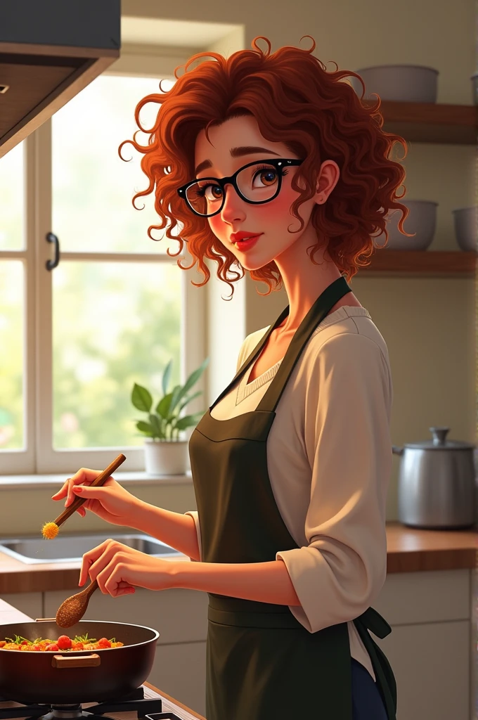 Woman with curly hair wearing glasses cooking 