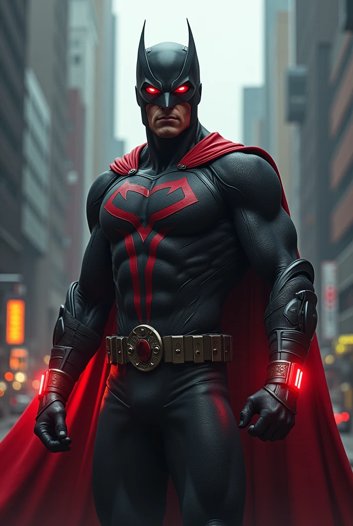 Create a male superhero, with magical bracelets capable of creating firearms, with black and gray details and red eyes. with mask