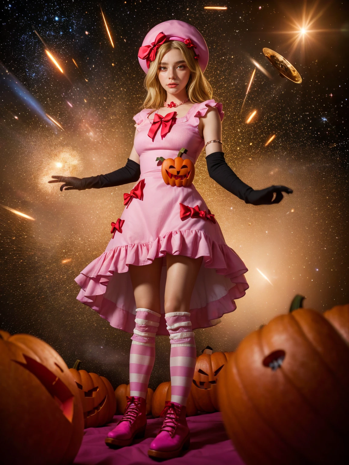 (1 lady), The beautiful, (Best quality at best:1.4), (ultra - detailed), (extremely detailed CG unified 16k), gold blonde hair, very detailed, High-definition RAW color photo, professional photoshooting, amazing face and eyes, cosmetics, (amazingly beautiful girl), ((lambdadelta, taller, tall woman, NOT Dasha Taran)), ((dress, shoes bow, red shoes, striped stockings, red bow, pink hat, necklace, gloves, pearl, pumpkin brooch, pink dress)), levitating in a cute posture (floating in the air), (She's levitating in a cosmic sea, outer space:1.3, quantum hyperspace room lacking walls, hyperspace chamber, extremely detailed background, a lot of details background, realistic background), (look from above), realistic cinematic face, head to feet long wide zoomed out view, full body long view, photorealistic, ((realistic natural blonde hair style, red eyes)), gorgeous, extremely beautiful face, perfect model beauty, pout mouth, Highly Detailed Face and Skin Texture, Detailed Eyes, Double Eyelids, Big Breasts, Persistent Stare, Faith Trance, (mystical stare, looking eternity), (masterpiece), best quality, high resolution, depth of field, cinematic lighting, amazing legs, pink combat boots, clear and well-cared skin