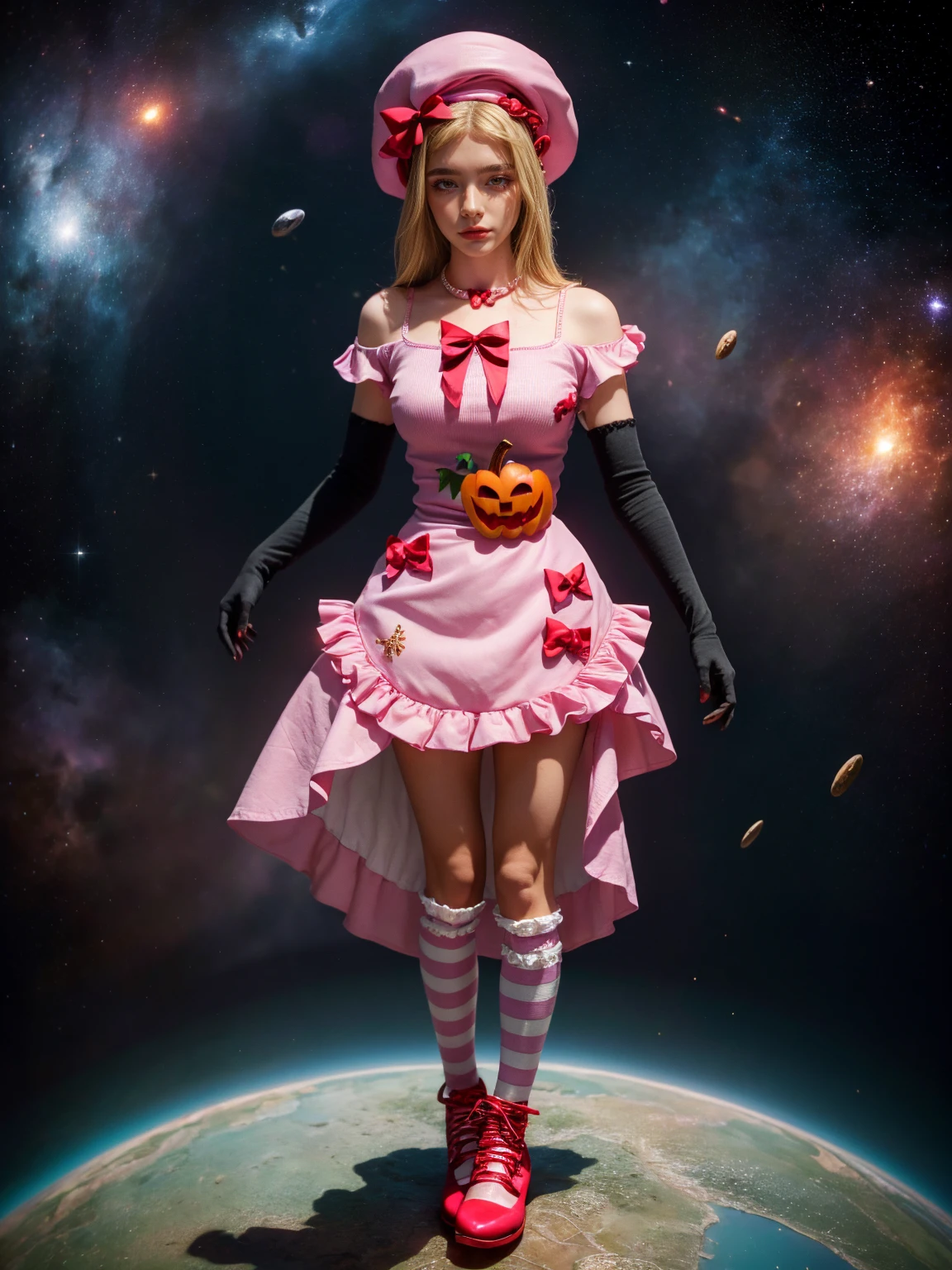 (1 lady), The beautiful, (Best quality at best:1.4), (ultra - detailed), (extremely detailed CG unified 16k), gold blonde hair, very detailed, High-definition RAW color photo, professional photoshooting, amazing face and eyes, cosmetics, (amazingly beautiful girl), ((lambdadelta, taller, tall woman, NOT Dasha Taran)), ((dress, shoes bow, red shoes, striped stockings, red bow, pink hat, necklace, gloves, pearl, pumpkin brooch, pink dress)), levitating in a cute posture (floating in the air), (She's levitating in a cosmic sea, outer space:1.3, quantum hyperspace room lacking walls, hyperspace chamber, extremely detailed background, a lot of details background, realistic background), (look from above), realistic cinematic face, head to feet long wide zoomed out view, full body long view, photorealistic, ((realistic natural blonde hair style, red eyes)), gorgeous, extremely beautiful face, perfect model beauty, pout mouth, Highly Detailed Face and Skin Texture, Detailed Eyes, Double Eyelids, Big Breasts, Persistent Stare, Faith Trance, (mystical stare, looking eternity), (masterpiece), best quality, high resolution, depth of field, cinematic lighting, amazing legs, pink combat boots, clear and well-cared skin