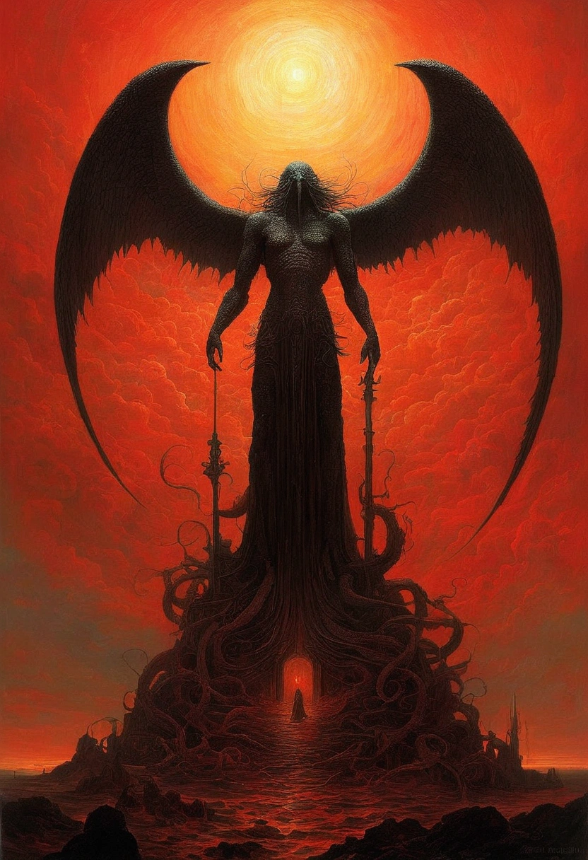 Mythical creatures, author:Zdzislaw Beksiński、Angel、Holy War、Red/Black、Azathoth