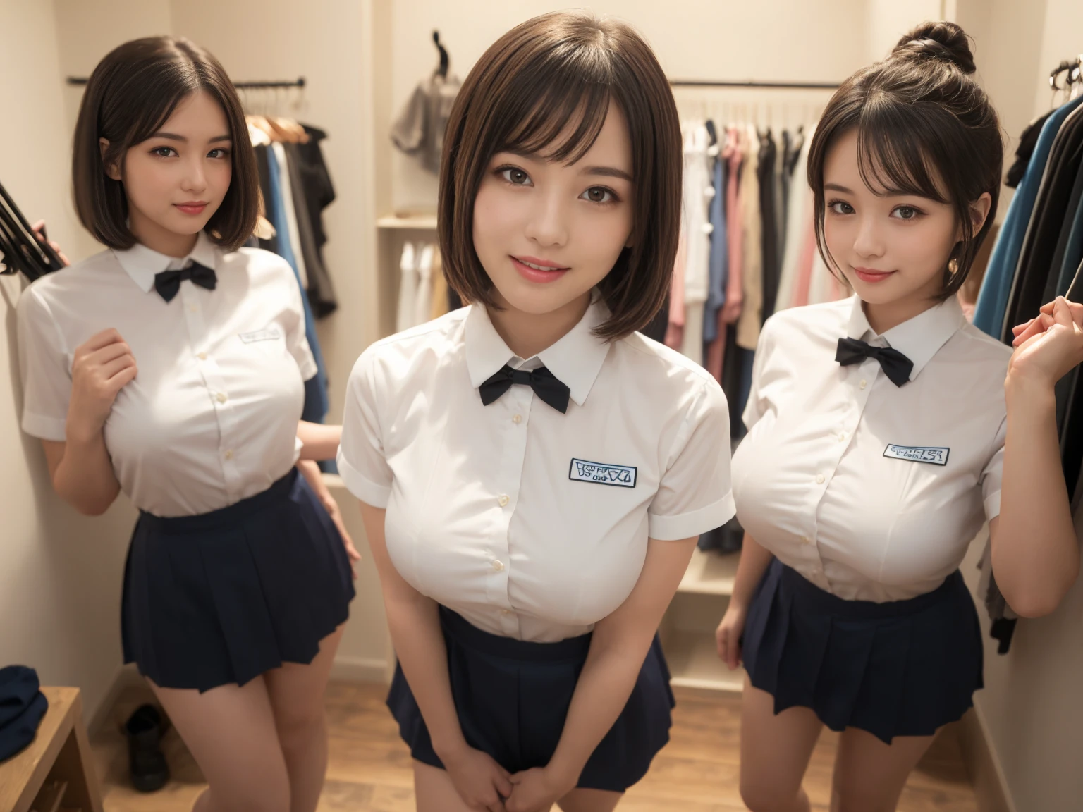 masterpiece, Highest quality, figure, Very detailed, The finer details, High resolution, 8k,wallpaper, Perfect dynamic composition,(Detailed high quality, Realistic depiction of eyes:1.3),(A tight-fitting waitress uniform with buttons on the collar and chest), Seraphim, Short Bob Hair, The background is an empty changing room, Deep in the field, Black hair color, Big Natural Color Lip, (Perfect figure), (smile)、Harajuku Style, Adorable expression、Expressions of happiness、Amazingly cute、Cute type、Beautiful feet, Idol Sculpture、(Changing clothes in the changing room:1.5)、(In the process of taking off clothes:1.5)、Big Breasts、Erect nipples