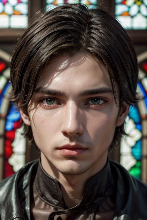 1 men, green top, dark brown hair, stained glass, shiny colors, work of art, best qualityer, detailedeyes, detailed lips, detailed clothing, (eyes black: 1.2), very realistic face,