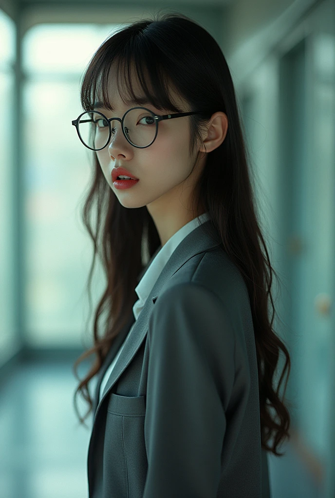 editorial photography,super detailed background,Super realistic,double exposure,depth of field,beauty super slender skinny vibes,soft focus Multicolored tone,narrative scene,acrylic paint,multilayer structure,teacher uniform,super long straight brunette hair,In future multipatterned multiform room,open crimson Plump lips,big sideways glance,bangs,frameless glasses,glare at dislike,flat chest,multipatterned,multiform,from below,