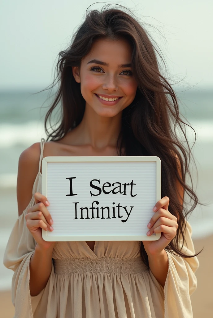 Beautiful girl with wavy long hair, bohemian dress, holding a white board with text "I Love Seaart Infinity" and showing it to the viewer