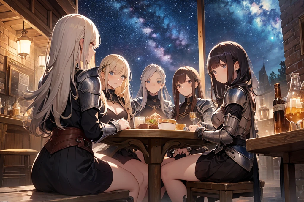 A group of young female knight, (in tavern), various hair styles, harem, wearing armored clothes, metal armor, night, details face, , short skirt, seducing, sword, sleeveless , night, starry night 