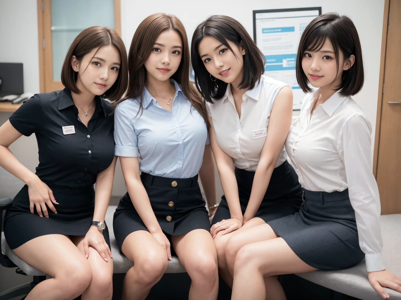 masterpiece, Highest quality, figure, Very detailed, The finer details, High resolution, 8k,wallpaper, Perfect dynamic composition,(Detailed high quality, Realistic depiction of eyes:1.3), (Three Girls), A tight-fitting business shirt with buttons on the collar and chest, Short tight skirt, Seraphim, Short Bob Hair, The background is an empty office, Deep in the field, Black hair color, Big Natural Color Lip, (Perfect figure), (smile)、Harajuku Style、Beautiful Japanese women:1.4), Adorable expression、Expressions of happiness、Very beautiful、Beautiful feet, Idol Sculpture、Big Breasts