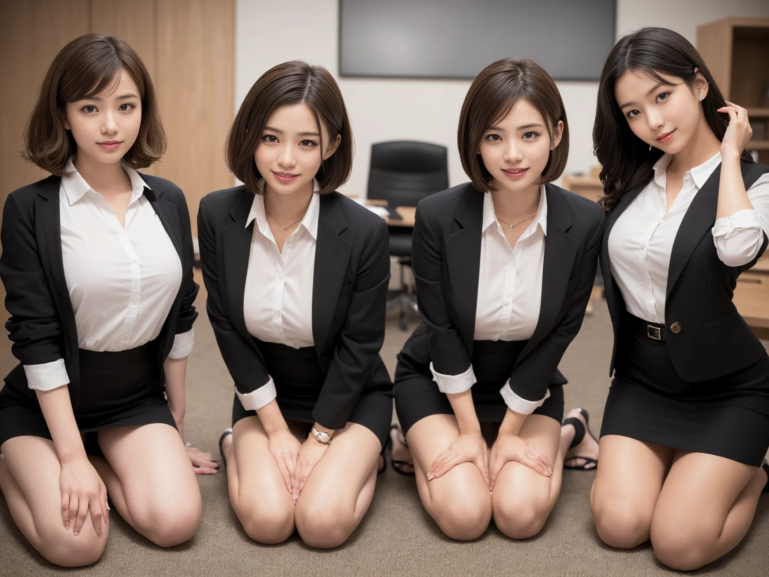 masterpiece, Highest quality, figure, Very detailed, The finer details, High resolution, 8k,wallpaper, Perfect dynamic composition,(Detailed high quality, Realistic depiction of eyes:1.3), (Three Girls), A tight-fitting business shirt with buttons on the collar and chest, Short tight skirt, Seraphim, Short Bob Hair, The background is an empty office, Deep in the field, Black hair color, Big Natural Color Lip, (Perfect figure), (smile)、Harajuku Style、Beautiful Japanese women:1.4), Adorable expression、Expressions of happiness、Very beautiful、Beautiful feet, Idol Sculpture、Big Breasts