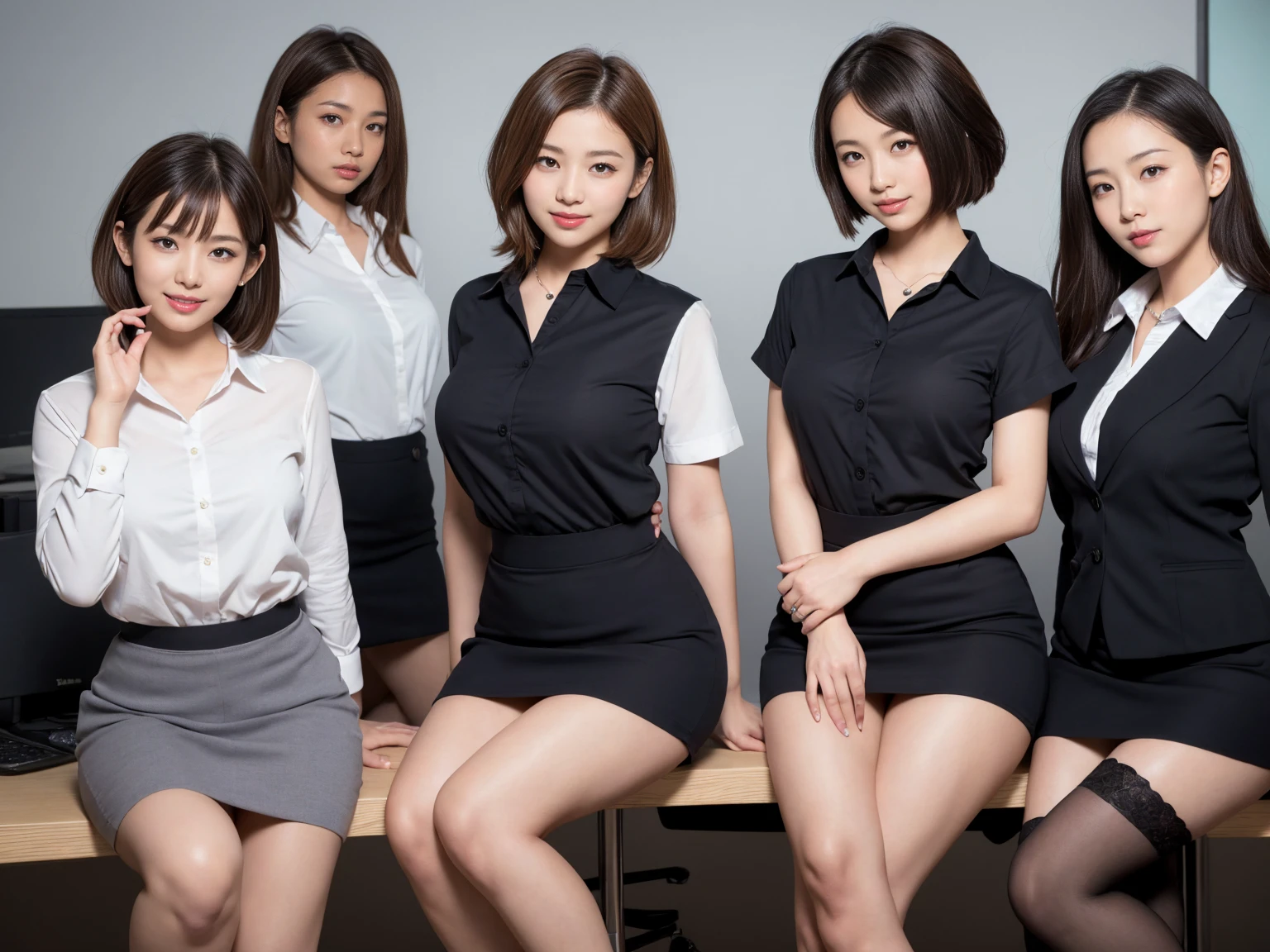 masterpiece, Highest quality, figure, Very detailed, The finer details, High resolution, 8k,wallpaper, Perfect dynamic composition,(Detailed high quality, Realistic depiction of eyes:1.3), (Three Girls), A tight-fitting business shirt with buttons on the collar and chest, Short tight skirt, Seraphim, Short Bob Hair, The background is an empty office, Deep in the field, Black hair color, Big Natural Color Lip, (Perfect figure), (smile)、Harajuku Style、Beautiful Japanese women:1.4), Adorable expression、Expressions of happiness、Very beautiful、Beautiful feet, Idol Sculpture、Big Breasts
