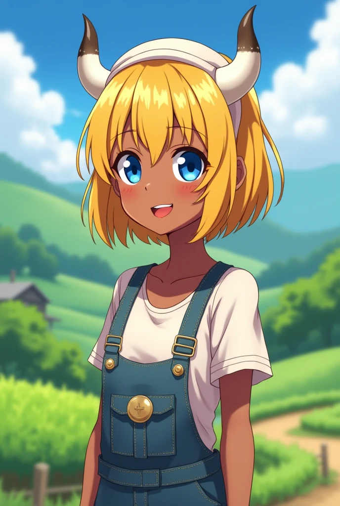 anime style girl, Dark skin, blue eyes, straight hair, Yellow hair, white bull horns, farmer clothes, Whole body, short hair, fringe, farm, white headband, smiling, beautiful