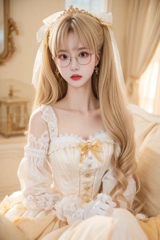 Highest quality、masterpiece、High sensitivity、High resolution、Detailed Description、Slender women、Glasses、ta、Golden Hair、