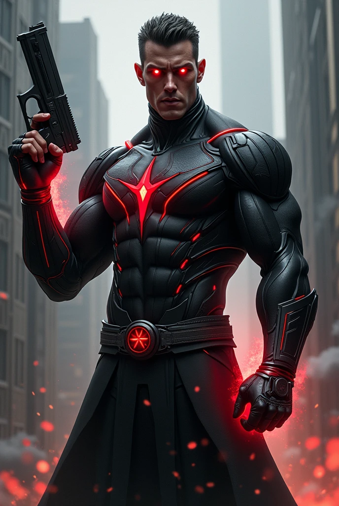Create a male superhero, with magical bracelets capable of creating firearms, with black and gray details and red eyes.
