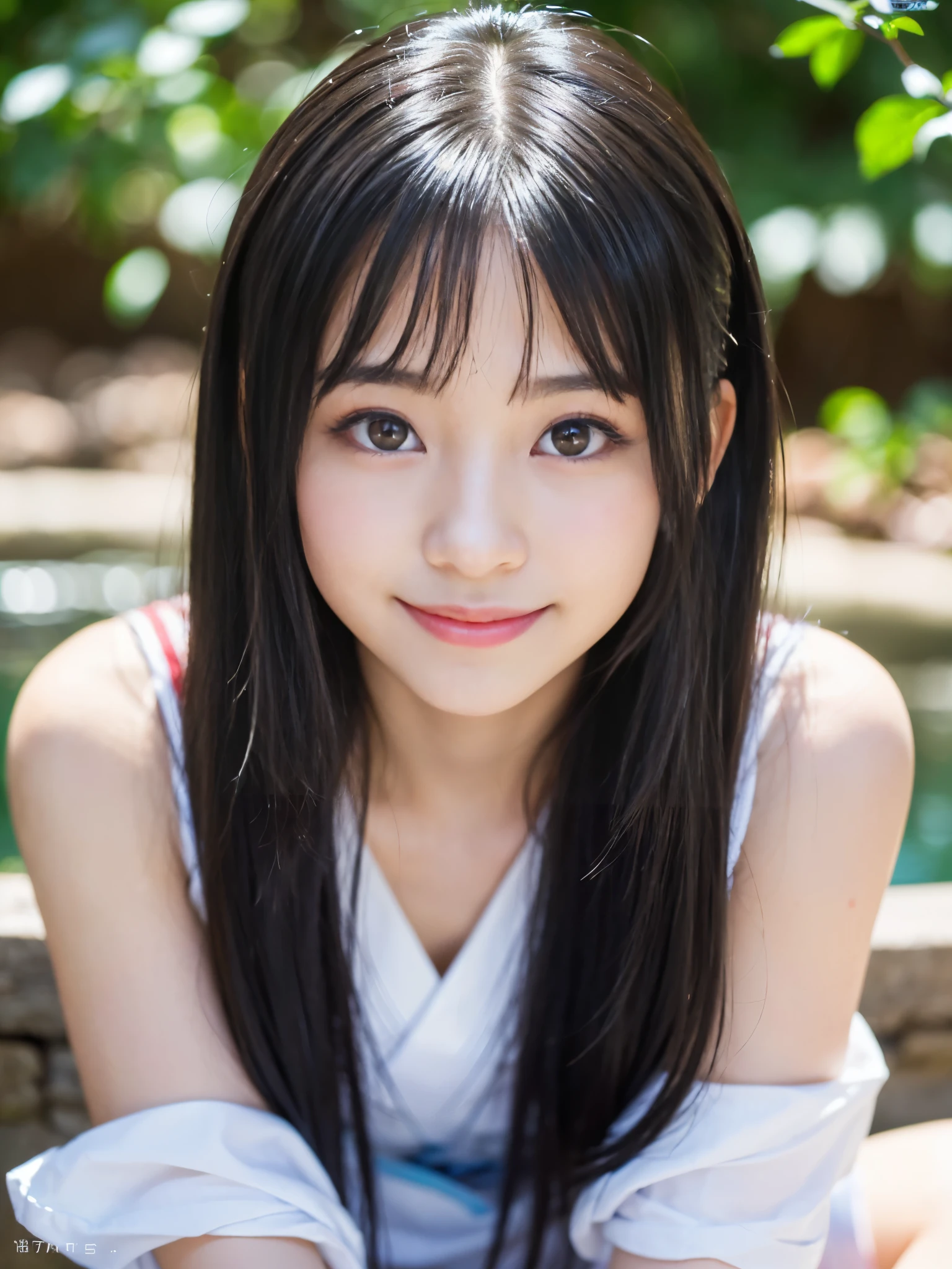 highest quality, High resolution, Realistic photo, Detailed skin texture, ((Cute 8 year old Japanese girl wearing a short white camisole)), View your viewers, Slim figure, Attractive gaze, Fair skin, (Flat Chest:1.2), Straight long hair, (:1.2), In the park with cherry blossoms falling