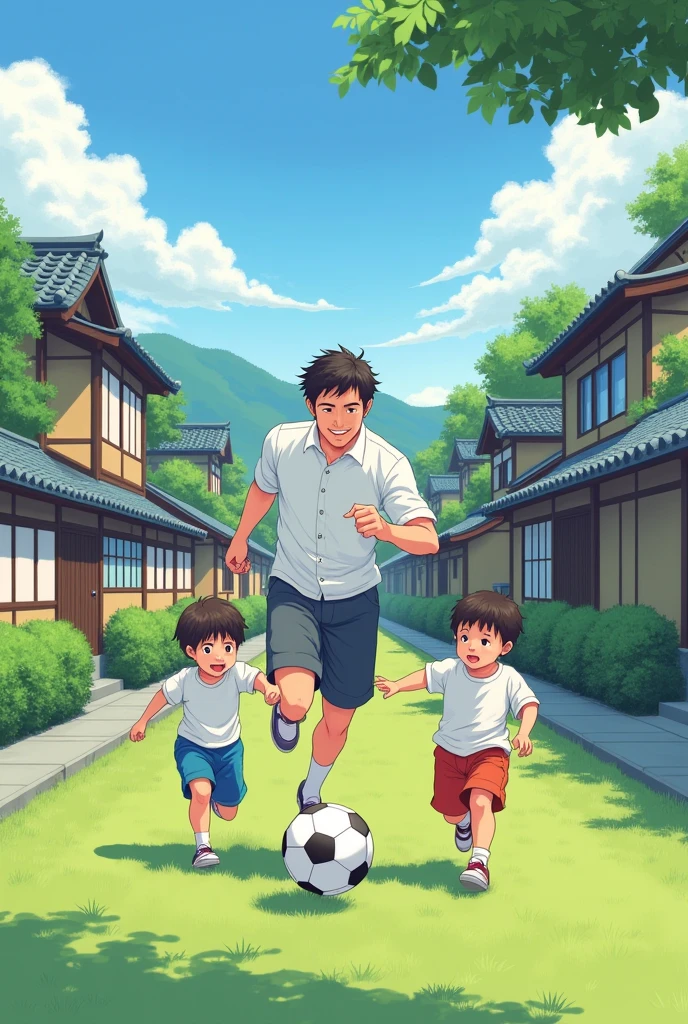 a Japanese father playing football with his two sons, boy and