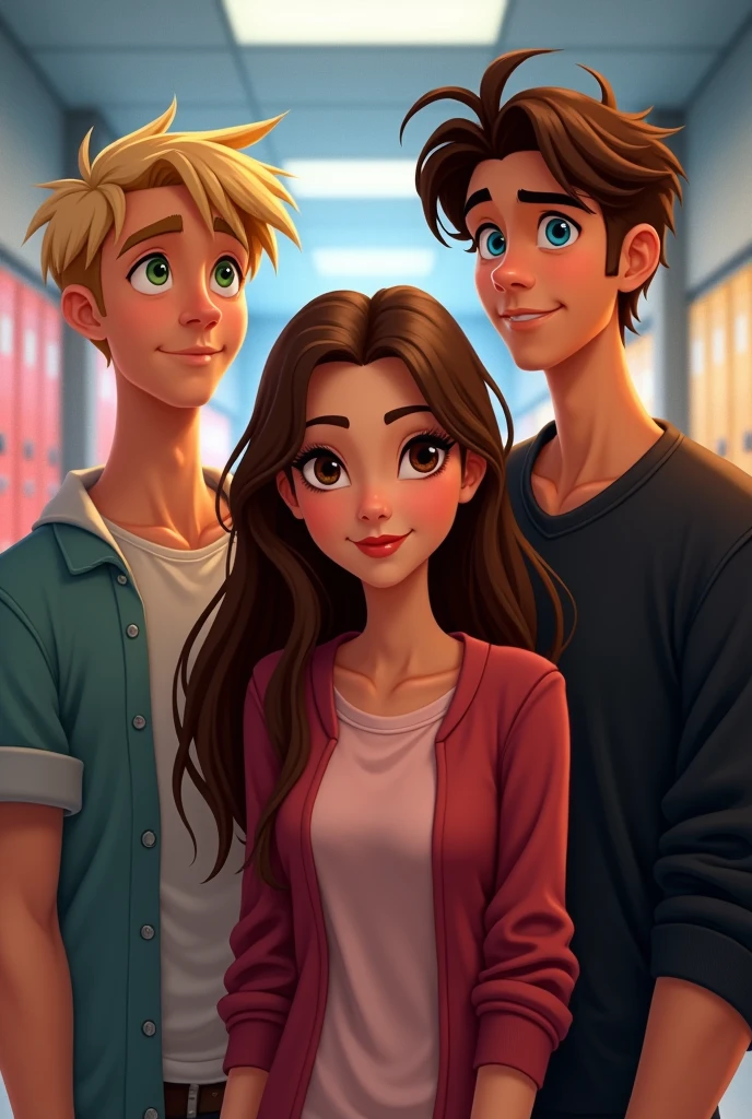 Create an image of a age girl with brown hair and brown eyes at school and a bad boy with brown hair in a black sweatshirt and blue eyes on the right and another boy on the left with blond hair and green eyes at school Disney style
